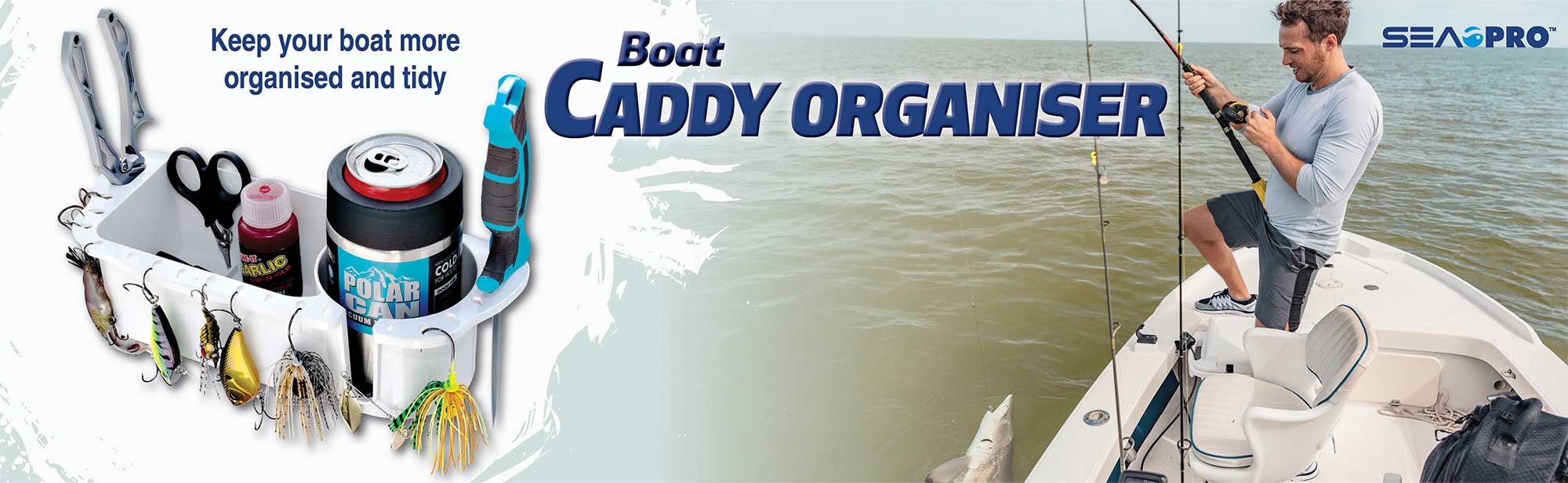 Boat Caddy Organiser banner with a man fishing on the right