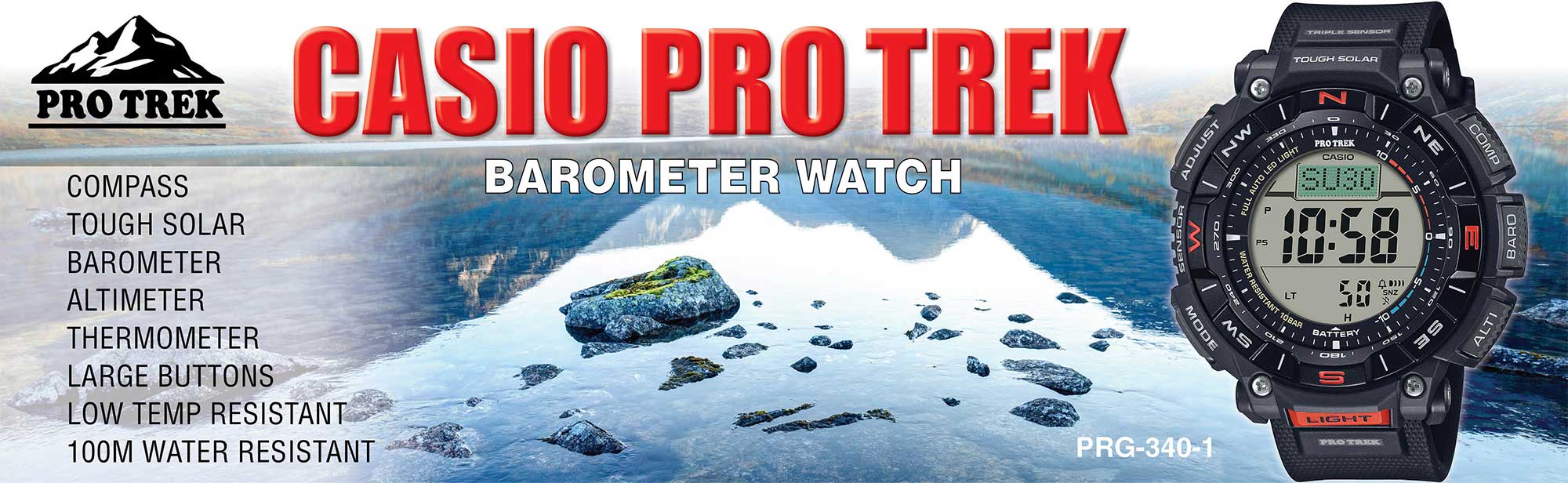 Casio Pro-Trek PRG 340-1 Watch banner with mountain in background