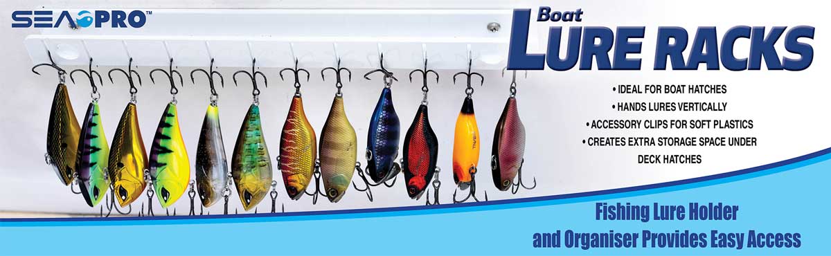 Sea Pro Lure Rack Banner featuring mutiple different coloured lures hanging from rack