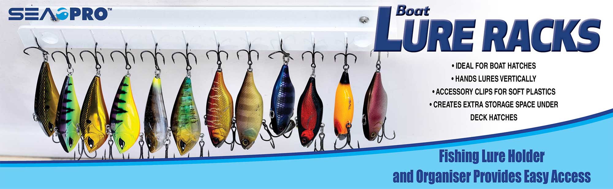 Sea Pro Lure Rack Banner featuring mutiple different coloured lures hanging from rack